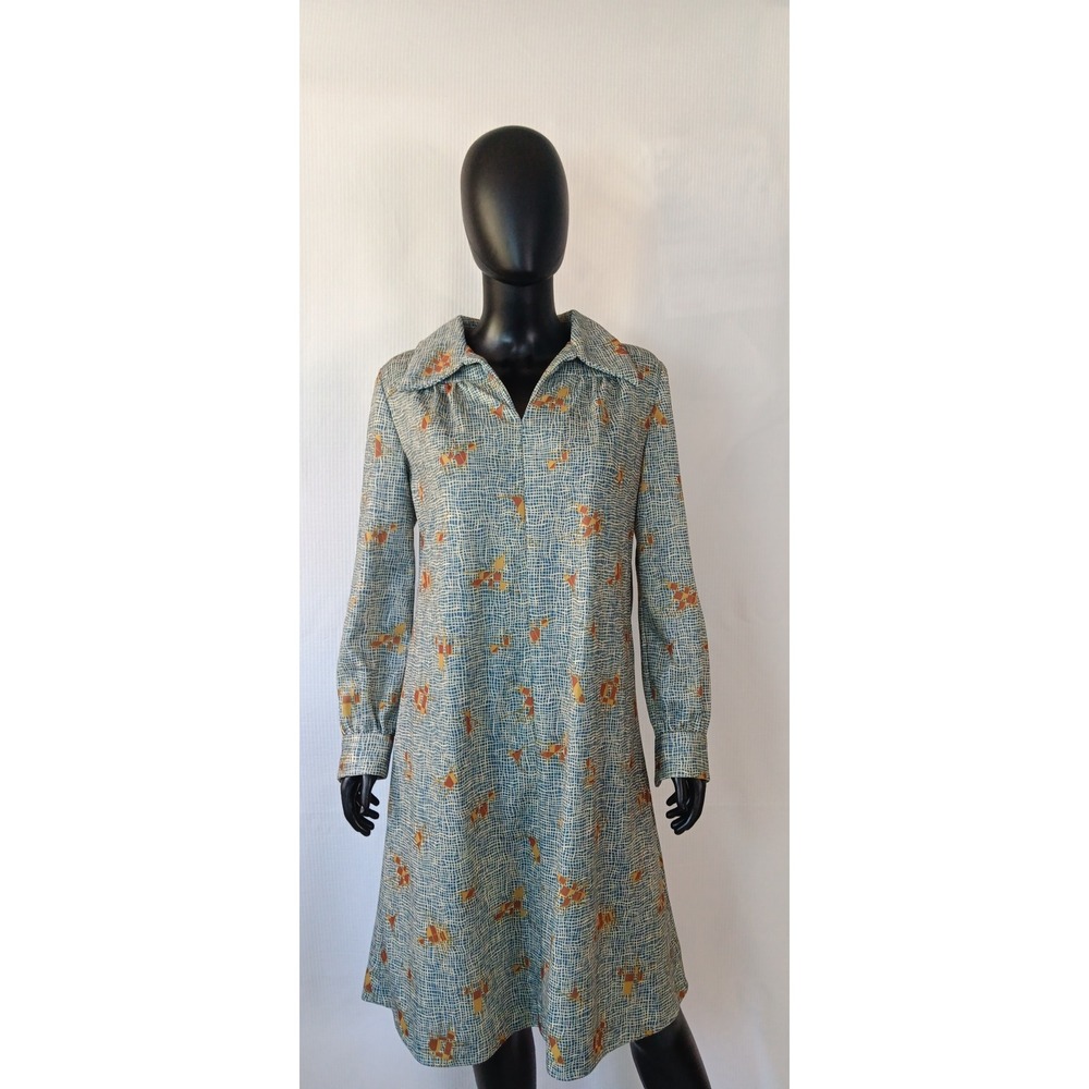 Vintage Handmade Geometric Tent Dress Balloon Sleeve Collared Belted KS0272 - Picture 3 of 5